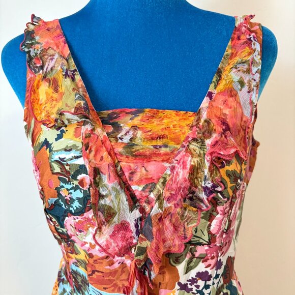 SUNDANCE Havana 100% Silk Floral Ruffled Dress V Neck Sleeveless Size 4 - Picture 2 of 16